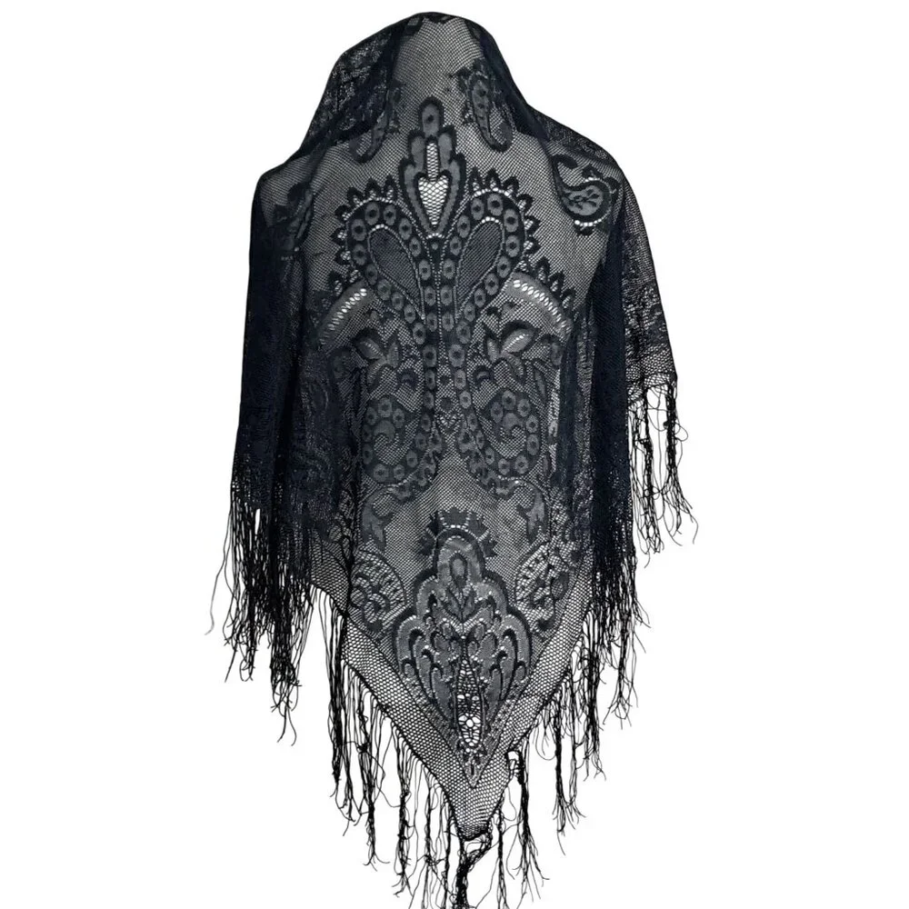 Vintage 1970s Black Lace Fringed Shawl English Village Japan Boho Goth Wrap - Picture 4 of 5